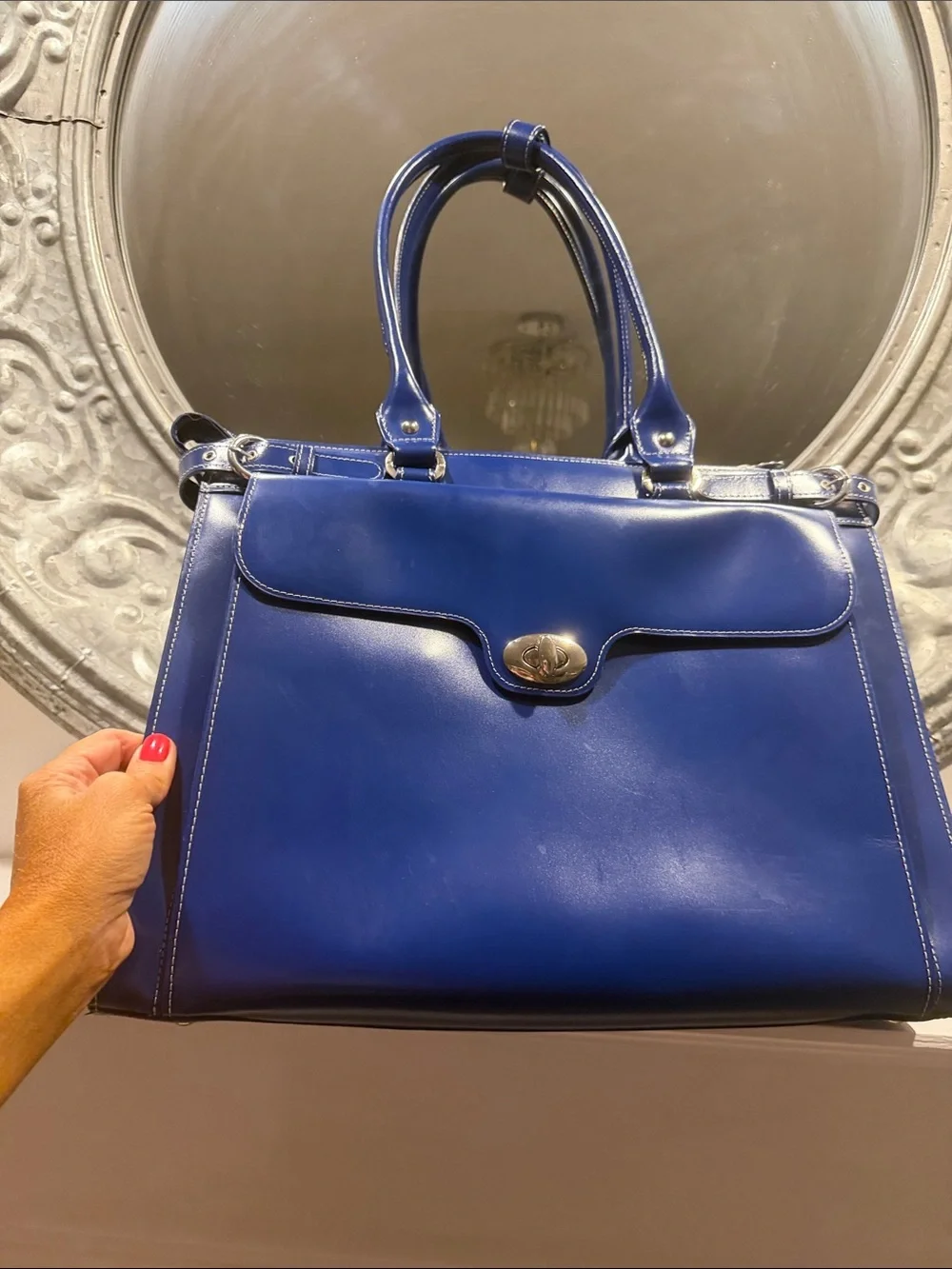 Mcklein Winnetka Briefcase navy blue leather travel silver hardware elegant